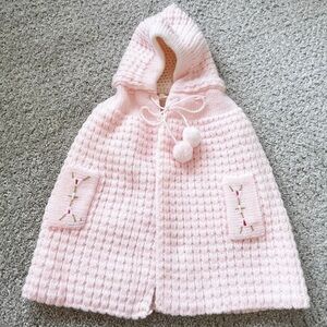 Vintage 70's Girls Pink Poncho Sweater Hooded Sz 12 Mos? Reversible White Pocket